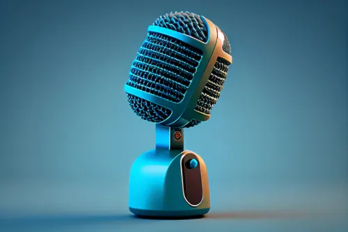 blue microphone with white speaker top it